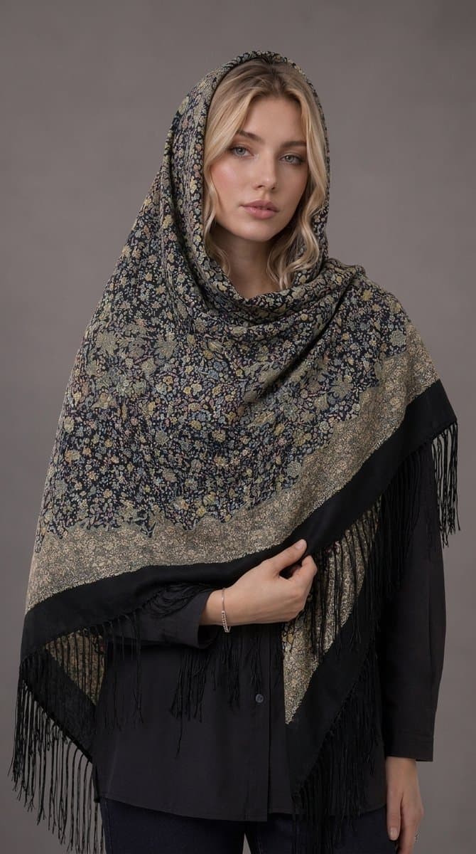 روسری ترکمنی مشکی گل ریز
